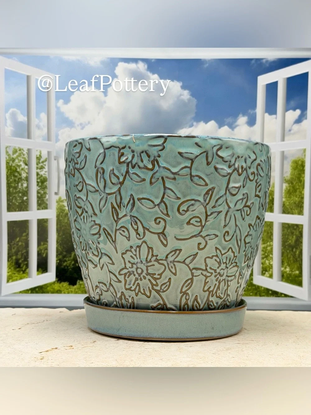 Embossed Floral Ceramic Planter with Saucer & Drainage | 6 Inch Light Blue